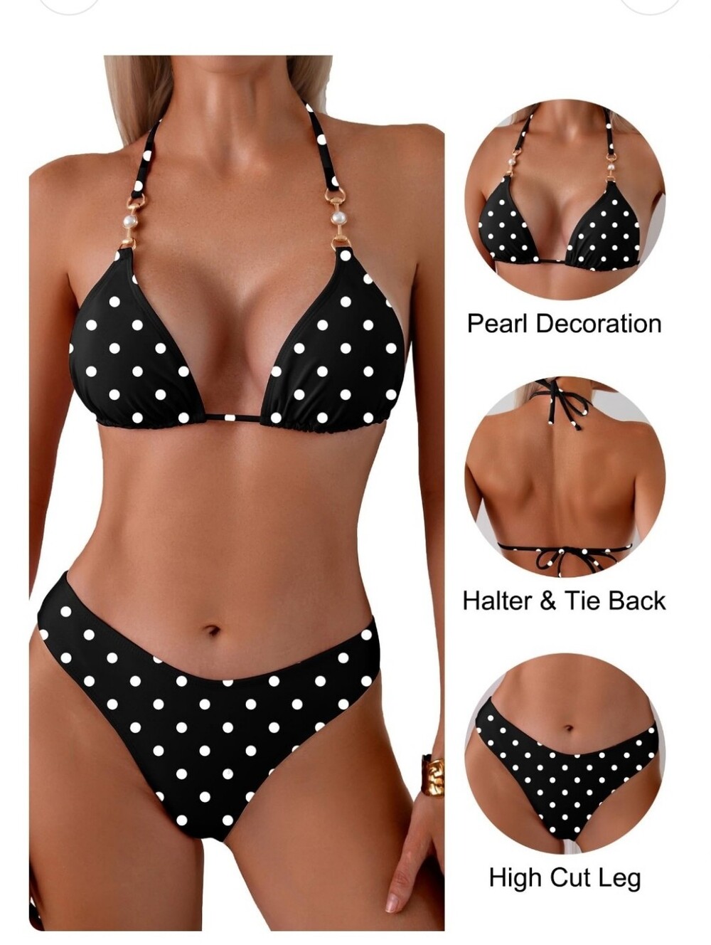 Black Polka Dot Halter Bikini with Pearl Accents — Women's Swim Set